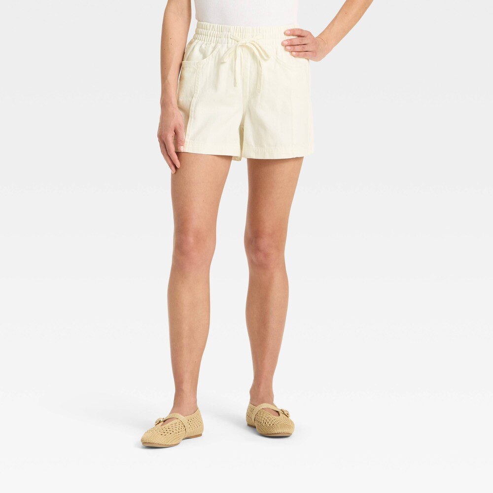 High-Rise Drawstring Denim Beach Shorts - White M